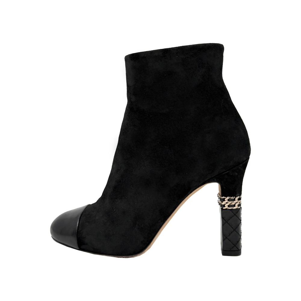 Chanel Black Suede Ankle Boots Cap Toe Chain Quilted Block Heel CC 36